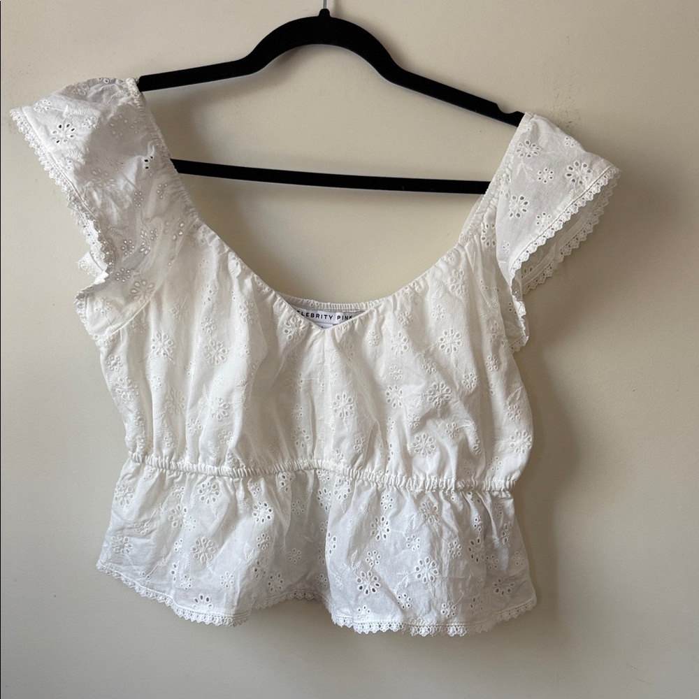 Super Cool Celebrity Pink Cream Eyelet Blouse Size Large - Picture 2 of 7